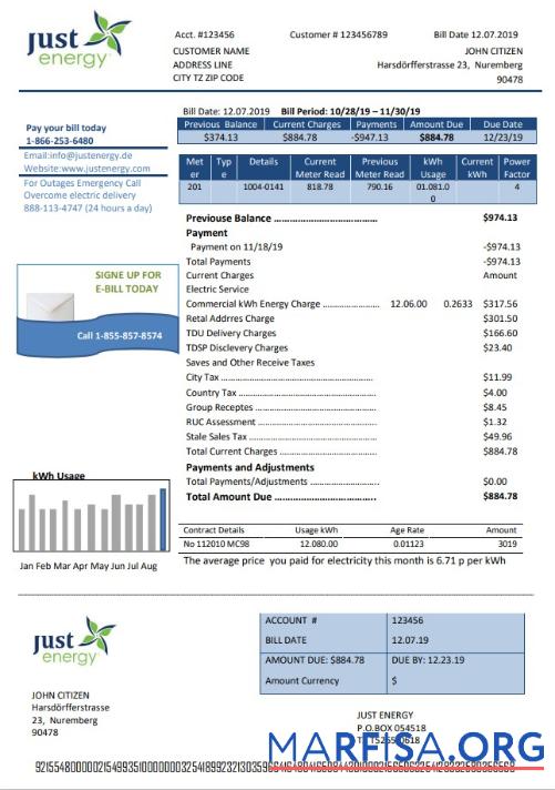 Realistic Germany Just Energy utility bill sample
